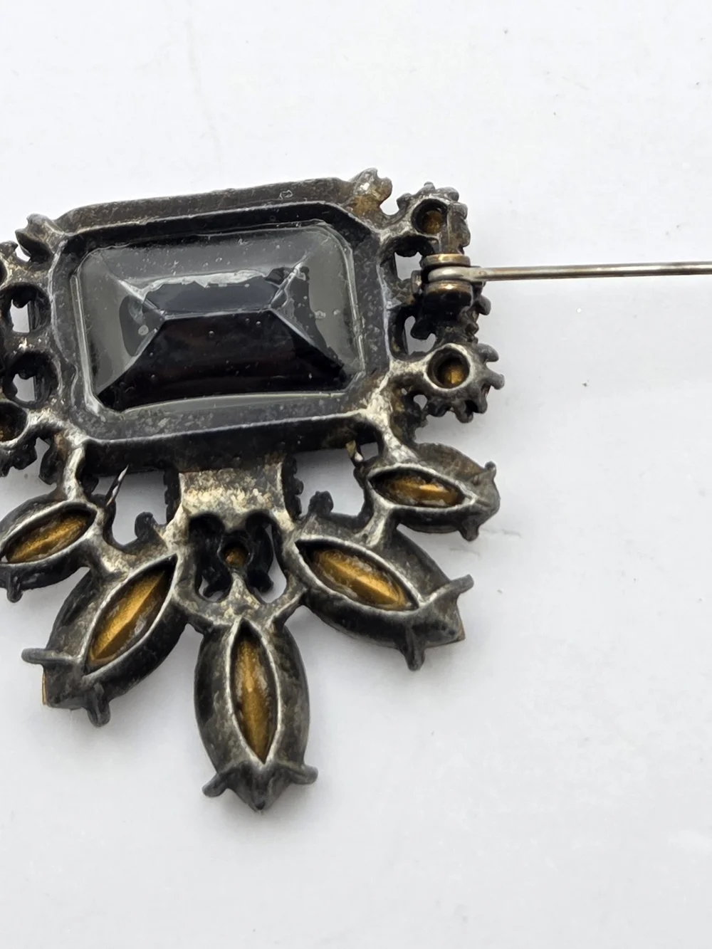 Vintage Black Glass Emerald Cut Rhinestone Brooch Pin Statement